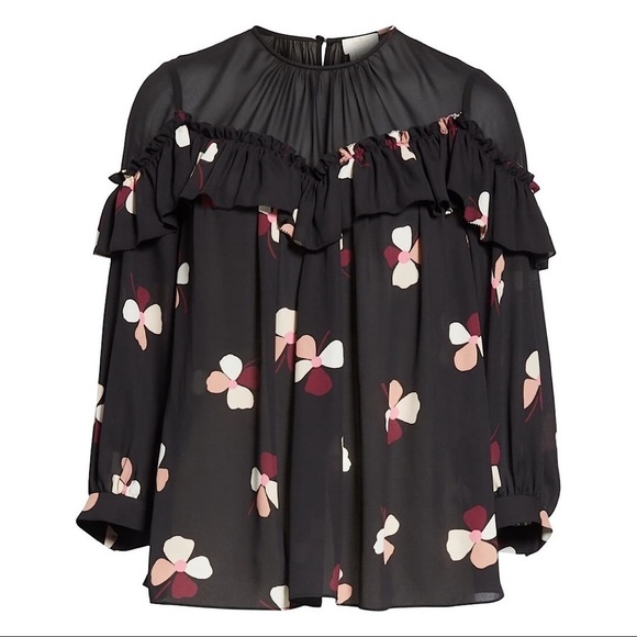 NWT Kate Spade Black Floral Glitzy Ritzy Dusk Buds Ruffle Top Size XXS - Picture 11 of 11